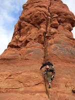 Nick leading Owl Rock, 5.8, in Arches National Park, Utah